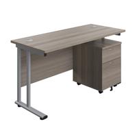 Twin Upright Rectangular Desk + Mobile 2 Drawer Pedestal  1400X600 Grey Oak/Silver
