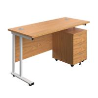 Twin Upright Rectangular Desk + Mobile 3 Drawer Pedestal  1400X600 Nova Oak/White
