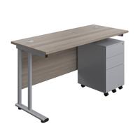 Twin Upright Rectangular Desk + Under Desk Steel Pedestal 3 Drawers  1400X600 Grey Oak/Silver