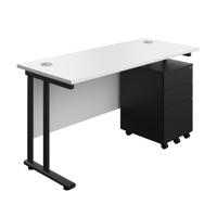 Twin Upright Rectangular Desk + Under Desk Steel Pedestal 3 Drawers  1400X600 White/Black
