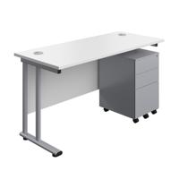 Twin Upright Rectangular Desk + Under Desk Steel Pedestal 3 Drawers  1400X600 White/Silver
