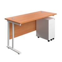Twin Upright Rectangular Desk + Slimline Steel Pedestal 3 Drawers  1400X600 Beech/White