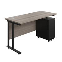 Twin Upright Rectangular Desk + Slimline Steel Pedestal 3 Drawers  1400X600 Grey Oak/Black