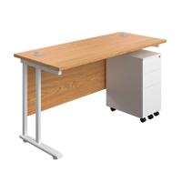 Twin Upright Rectangular Desk + Slimline Steel Pedestal 3 Drawers  1400X600 Nova Oak/White