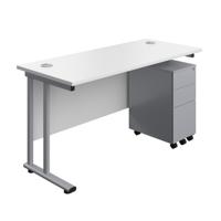 Twin Upright Rectangular Desk + Slimline Steel Pedestal 3 Drawers  1400X600 White/Silver