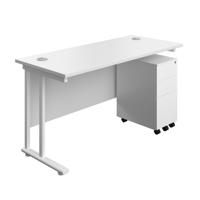 Twin Upright Rectangular Desk + Slimline Steel Pedestal 3 Drawers  1400X600 White/White