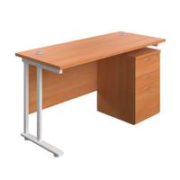 Twin Upright Rectangular Desk + High Mobile Pedestal 3 Drawer  1400X600 Beech/White
