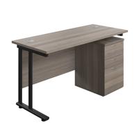 Twin Upright Rectangular Desk + High Mobile Pedestal 3 Drawer  1400X600 Grey Oak/Black