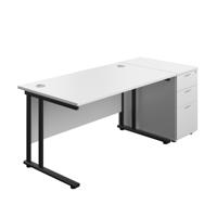 Twin Upright Rectangular Desk + Desk High 3 Drawer Pedestal (FSC) 1400X800 White/Black