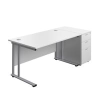 Twin Upright Rectangular Desk + Desk High 3 Drawer Pedestal (FSC) 1400X800 White/Silver