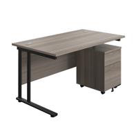 Twin Upright Rectangular Desk + Mobile 2 Drawer Pedestal (FSC) 1400X800 Grey Oak/Black