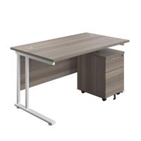 Twin Upright Rectangular Desk + Mobile 2 Drawer Pedestal (FSC) 1400X800 Grey Oak/White