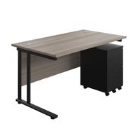 Twin Upright Rectangular Desk + Under Desk Steel Pedestal 3 Drawers (FSC) 1400X800 Grey Oak/Black