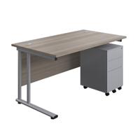 Twin Upright Rectangular Desk + Under Desk Steel Pedestal 3 Drawers (FSC) 1400X800 Grey Oak/Silver