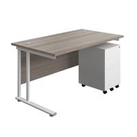 Twin Upright Rectangular Desk + Under Desk Steel Pedestal 3 Drawers (FSC) 1400X800 Grey Oak/White
