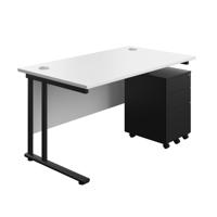 Twin Upright Rectangular Desk + Under Desk Steel Pedestal 3 Drawers (FSC) 1400X800 White/Black