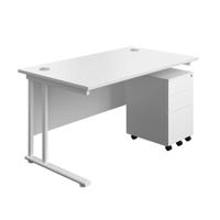 Twin Upright Rectangular Desk + Under Desk Steel Pedestal 3 Drawers (FSC) 1400X800 White/White