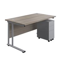 Twin Upright Rectangular Desk + Slimline Steel Pedestal 3 Drawers (FSC) 1400X800 Grey Oak/Silver