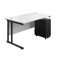 Twin Upright Rectangular Desk + Slimline Steel Pedestal 3 Drawers (FSC) 1400X800 White/Black
