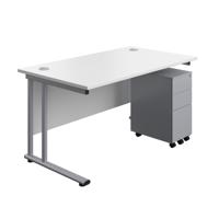 Twin Upright Rectangular Desk + Slimline Steel Pedestal 3 Drawers (FSC) 1400X800 White/Silver