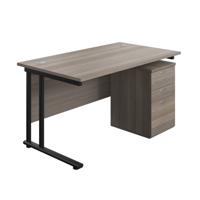Twin Upright Rectangular Desk + High Mobile Pedestal 3 Drawer (FSC) 1400X800 Grey Oak/Black