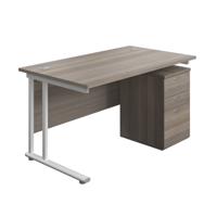 Twin Upright Rectangular Desk + High Mobile Pedestal 3 Drawer (FSC) 1400X800 Grey Oak/White