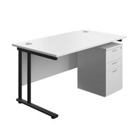Twin Upright Rectangular Desk + High Mobile Pedestal 3 Drawer (FSC) 1400X800 White/Black