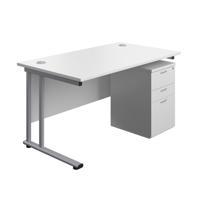 Twin Upright Rectangular Desk + High Mobile Pedestal 3 Drawer (FSC) 1400X800 White/Silver