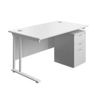 Twin Upright Rectangular Desk + High Mobile Pedestal 3 Drawer (FSC) 1400X800 White/White