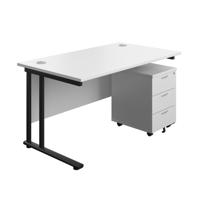 Twin Upright Rectangular Desk + Mobile 3 Drawer Pedestal (FSC) 1400X800 White/Black