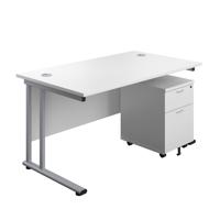 Twin Upright Rectangular Desk + Mobile 2 Drawer Pedestal (FSC) 1400X800 White/Silver