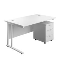 Twin Upright Rectangular Desk + Mobile 3 Drawer Pedestal (FSC) 1400X800 White/White