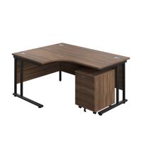 Twin Upright Left Hand Radial Desk + Mobile 2 Drawer Pedestal (FSC) 1600X1200 Dark Walnut/Black