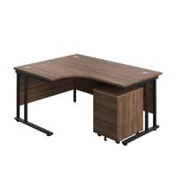 Twin Upright Left Hand Radial Desk + Mobile 3 Drawer Pedestal (FSC) 1600X1200 Dark Walnut/Black