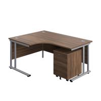 Twin Upright Left Hand Radial Desk + Mobile 2 Drawer Pedestal (FSC) 1600X1200 Dark Walnut/Silver