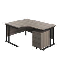 Twin Upright Left Hand Radial Desk + Mobile 3 Drawer Pedestal  1600X1200 Grey Oak/Black
