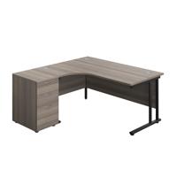 Twin Upright Left Hand Radial Desk + Desk High 3 Drawer Pedestal  1600X1200 600mm Deep Pedestal Grey Oak/Black
