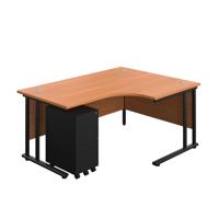 Twin Upright Left Hand Radial Desk + Under Desk Steel Pedestal 3 Drawers  1600X1200 Beech/Black