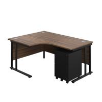 Twin Upright Left Hand Radial Desk + Under Desk Steel Pedestal 3 Drawers (FSC) 1600X1200 Dark Walnut/Black