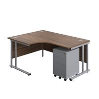 Twin Upright Left Hand Radial Desk + Under Desk Steel Pedestal 3 Drawers (FSC) 1600X1200 Dark Walnut/Silver