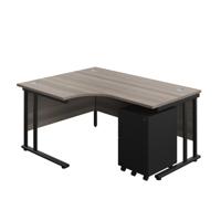 Twin Upright Left Hand Radial Desk + Under Desk Steel Pedestal 3 Drawers  1600X1200 Grey Oak/Black