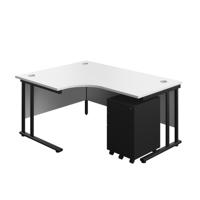 Twin Upright Left Hand Radial Desk + Under Desk Steel Pedestal 3 Drawers (FSC) 1600X1200 White/Black