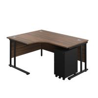Twin Upright Left Hand Radial Desk + Slimline Steel Pedestal 3 Drawers (FSC) 1600X1200 Dark Walnut/Black
