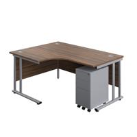 Twin Upright Left Hand Radial Desk + Slimline Steel Pedestal 3 Drawers (FSC) 1600X1200 Dark Walnut/Silver