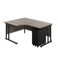 Twin Upright Left Hand Radial Desk + Slimline Steel Pedestal 3 Drawers  1600X1200 Grey Oak/Black