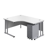 Twin Upright Left Hand Radial Desk + Slimline Steel Pedestal 3 Drawers (FSC) 1600X1200 White/Silver