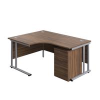 Twin Upright Left Hand Radial Desk + High Mobile Pedestal 3 Drawer (FSC) 1600X1200 Dark Walnut/Silver