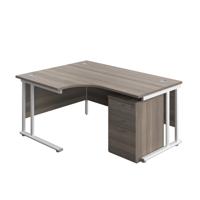 Twin Upright Left Hand Radial Desk + High Mobile Pedestal 3 Drawer  1600X1200 Grey Oak/White
