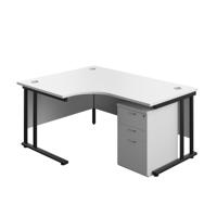 Twin Upright Left Hand Radial Desk + High Mobile Pedestal 3 Drawer  1600X1200 White/Black