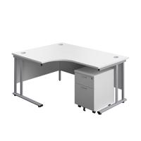 Twin Upright Left Hand Radial Desk + Mobile 2 Drawer Pedestal (FSC) 1600X1200 White/Silver